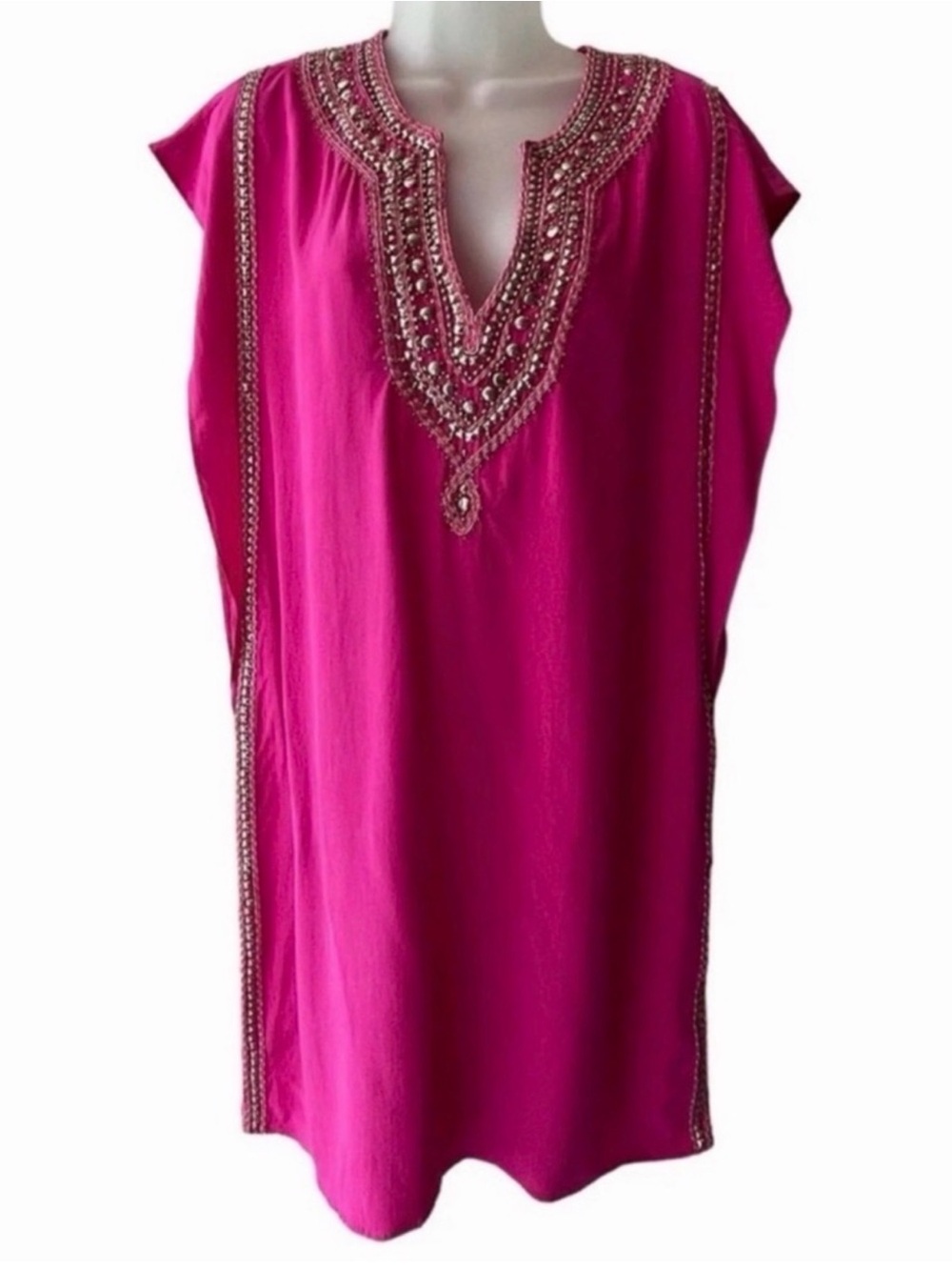 Calypso St. Barth 100% Silk Beaded Magenta Tunic